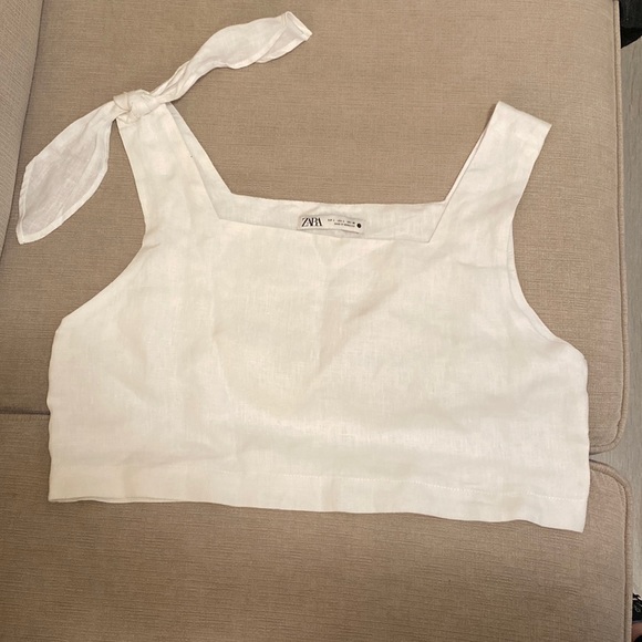 Zara Tops Zara White Linen Cropped Wide Strap Tank Top With Bow Detail Size L Used Once